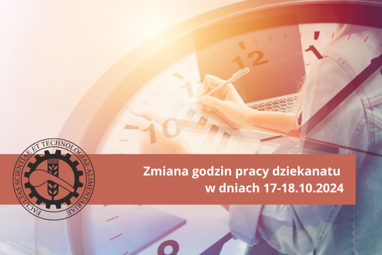 Grafika z tekstem: Ze względu na szkolenie BHP pracowników, dziekanat w dniu 18.10.2024 będzie nieczynny.  W dniu 17.10.2024 dziekanat czynny do 14.00.