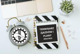 Grafika przedstawiająca elementy elektroniczne z napisem Terminarz zjazdów i plany dla SS i SN 2024/25