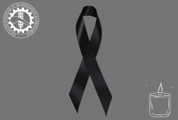 Grafika z czarną wstążką w centrum oraz świecą w prawym dolnym narożniku oraz logo wnoziz w prawym górnym narożniku, tło szare