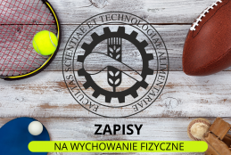 Grafika z logiem wydziału i przedmiotami w postaci piłek do zapisu na zajęcia wychowania fizycznego dla studentów I roku